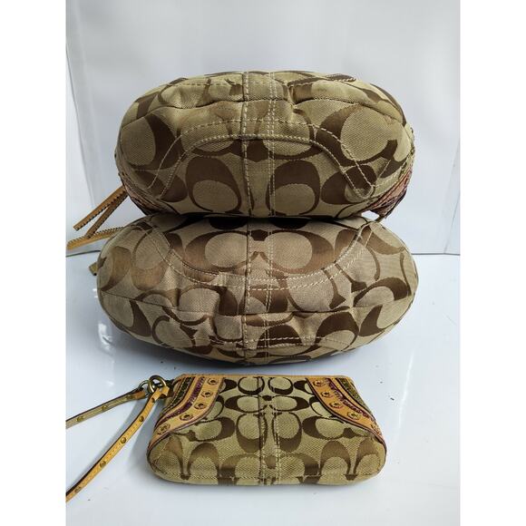 Coach Set of 3 Bags - Soho Brown Signature Canvas Stitched Grommet Studded Hobo - Picture 8 of 12